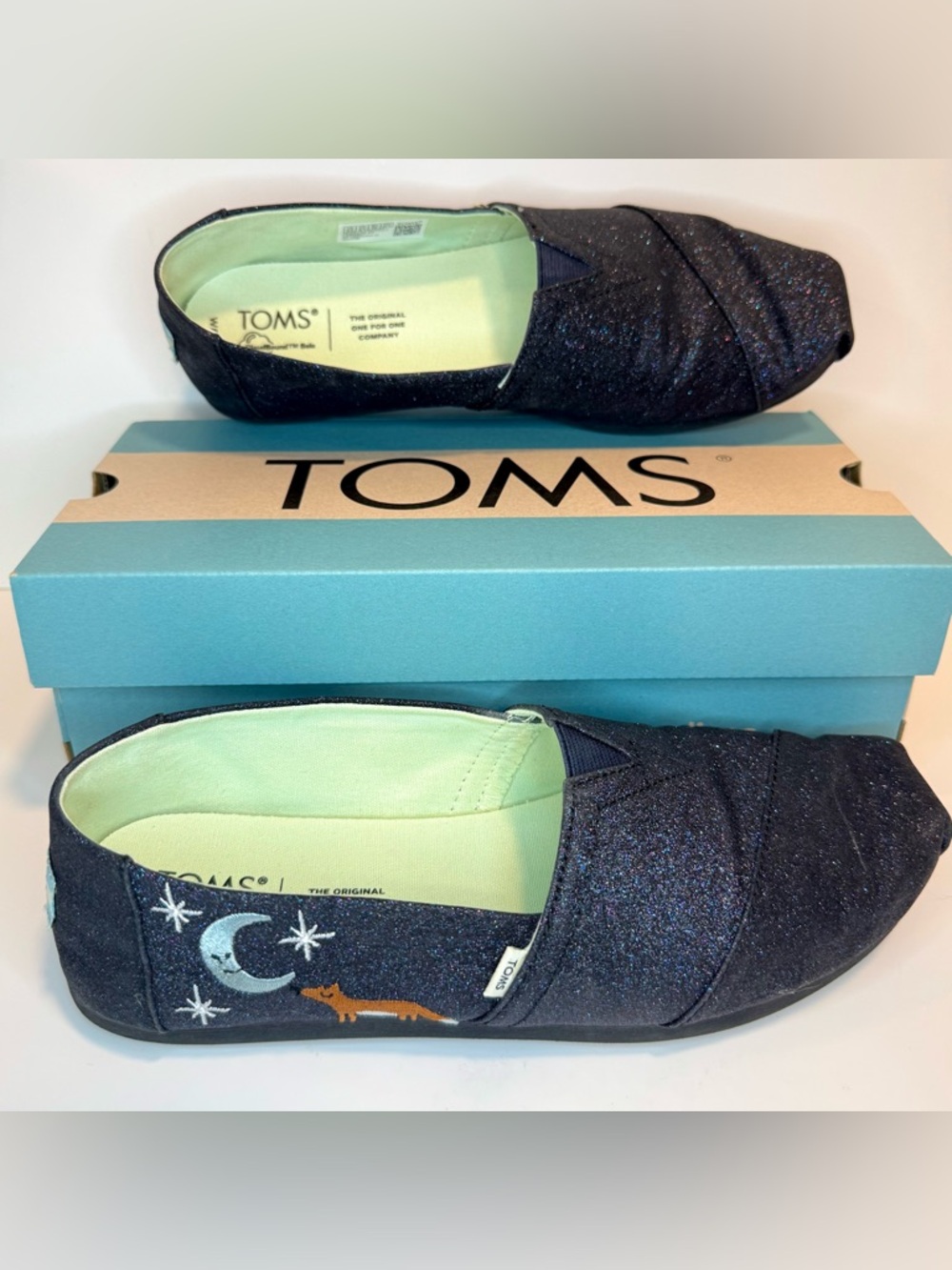TOMS-Alpargata-Midnight Blue Sparkle Glitter Embroidered Fox-Size 8.5-In Box-EUC - Picture 2 of 16